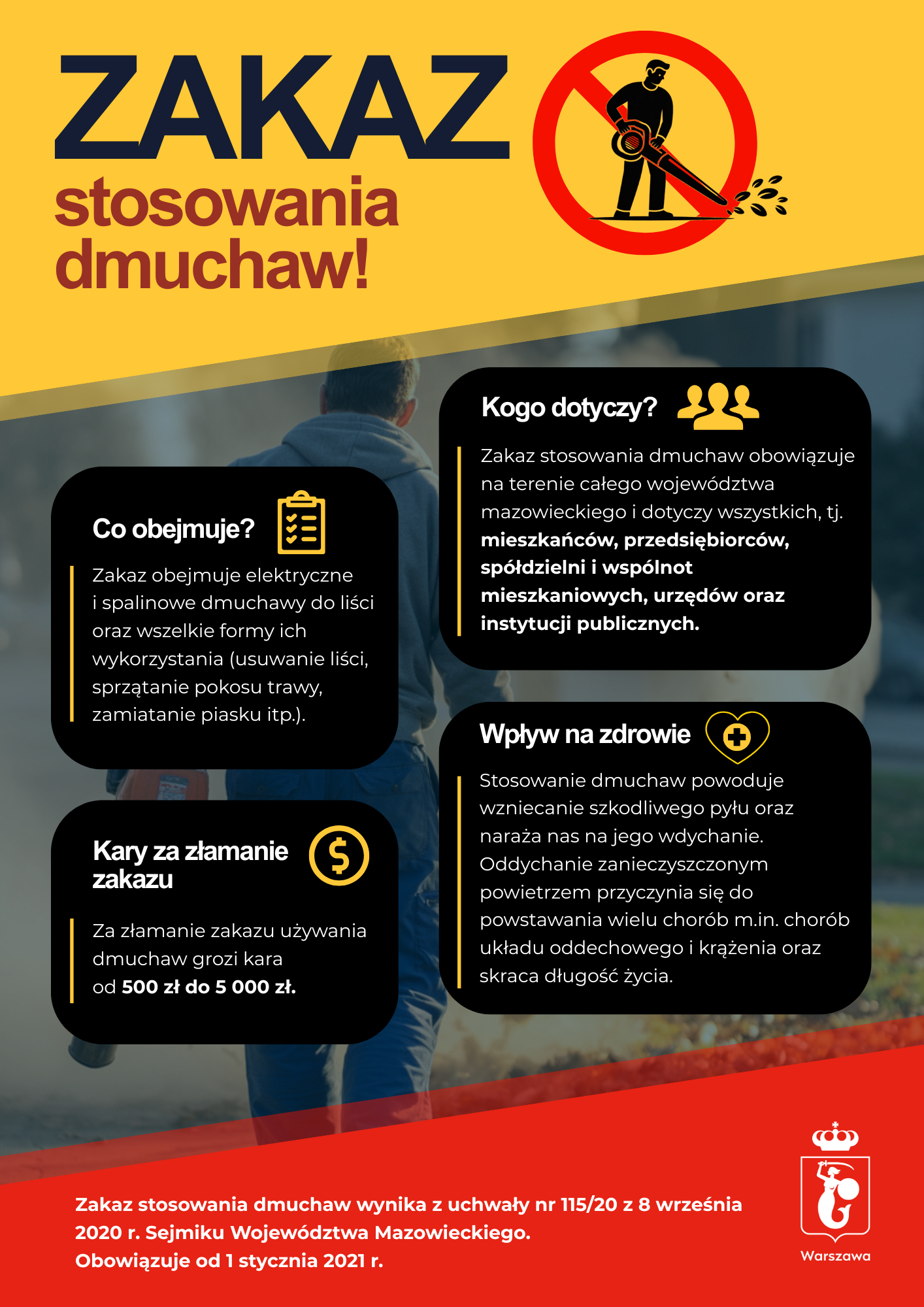 Plakat informujący o zakazie stosowania dmuchaw w województwie mazowieckim