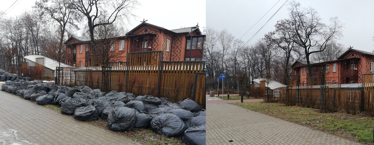 Po lewej stronie zdjęcie sterty czarnych worków ze śmieciami przed budynkiem, po prawej - to samo miejsce posprzątane, bez worków