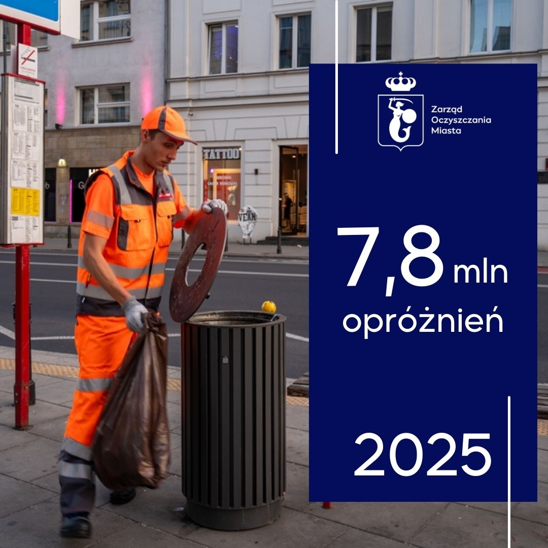 Pracownik firmy porządkowej w odblaskowym ubraniu opróżnia uliczny kosz na śmieci. Z prawej strony na granatowym tle biały logotyp Zarządu Oczyszczania Miasta oraz napisy: 7,8 mln opróżnień, 2025.