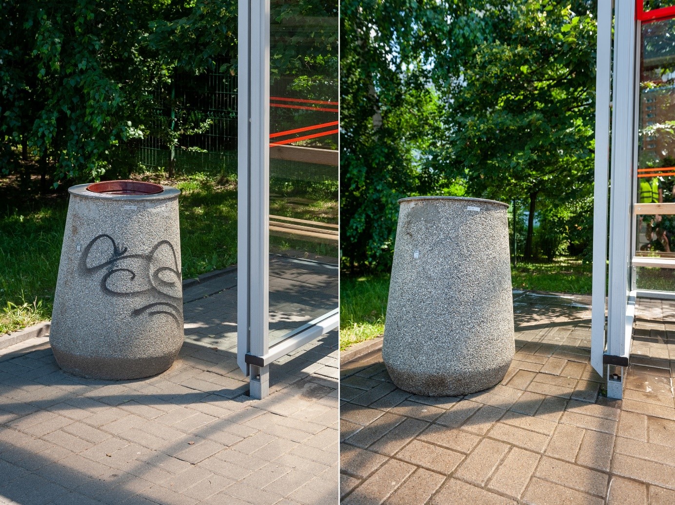 Z lewej pomazany betonowy kosz na przystanku komunikacji miejskiej, po prawej zdjęcie tego samego kosza po umyciu, oczyszczonego z pseudograffiti.