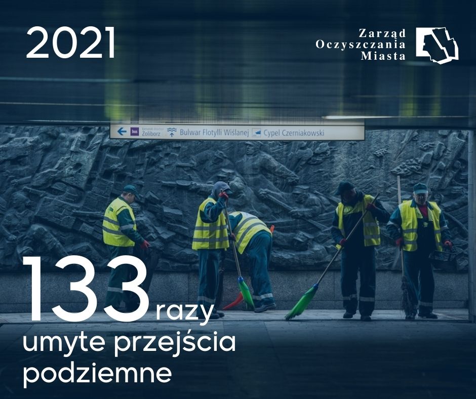 Zdjęcie służb porządkowych sprzątających przejście podziemne i dane: 2021, 133 razy umyte przejścia podziemne. Na górze po prawej stronie logotyp Zarządu Oczyszczania Miasta