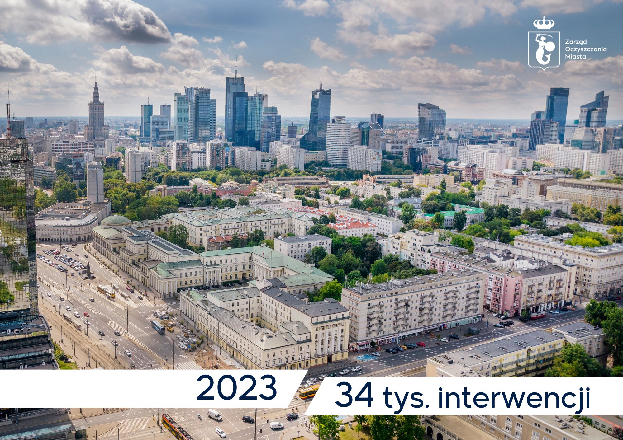 Zdjęcie Warszawy z lotu ptaka, po spodem napis - 2023, 34 tys. interwencji
