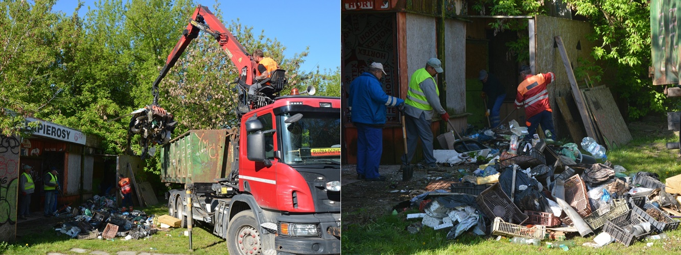 Zestawienie dwóch zdjęć: na lewym samochód specjalistyczny chwytakiem ładuje śmieci do kontenera, po prawej sprzątacze przygotowują śmieci do załadunku