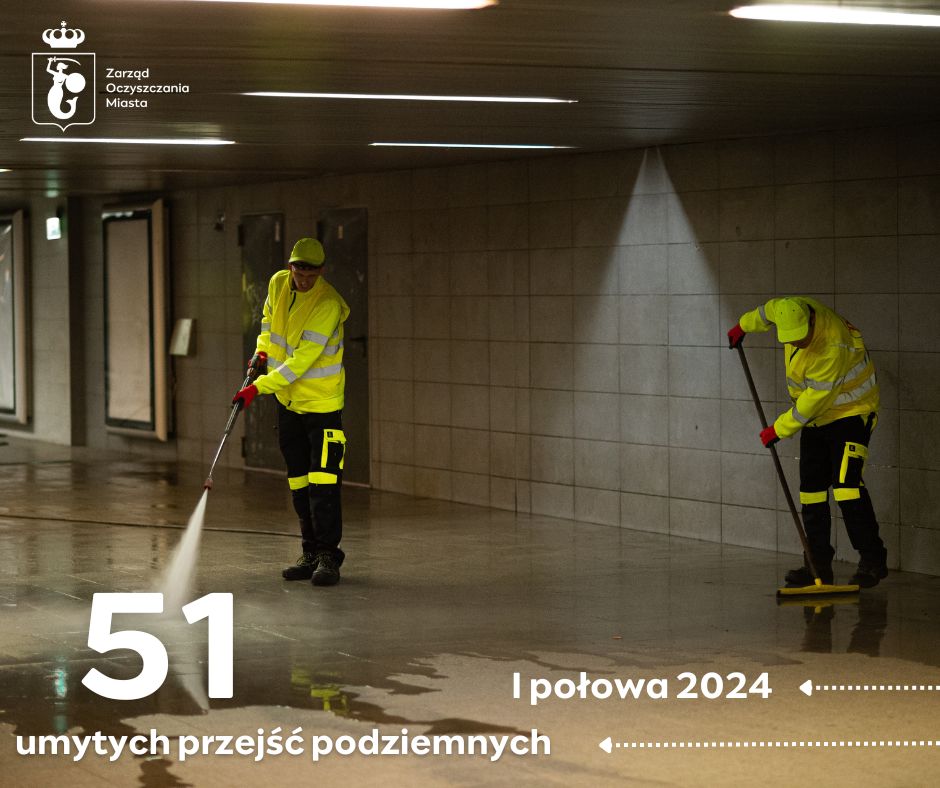 Pracownicy firmy porządkowej w strojach roboczych myją przejście podziemne za pomocą myjki ciśnieniowej. Na dole dane: I połowa 2024, 51 umytych przejść podziemnych.  W górnym lewym rogu logotyp Zarządu Oczyszczania Miasta