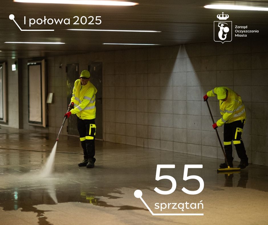 Pracownicy firmy porządkowej w odblaskowych strojach czyszczą myjką ciśnieniową przejście podziemne, napisy: Zarząd Oczyszczania Miasta I połowa 2025 55 sprzątań