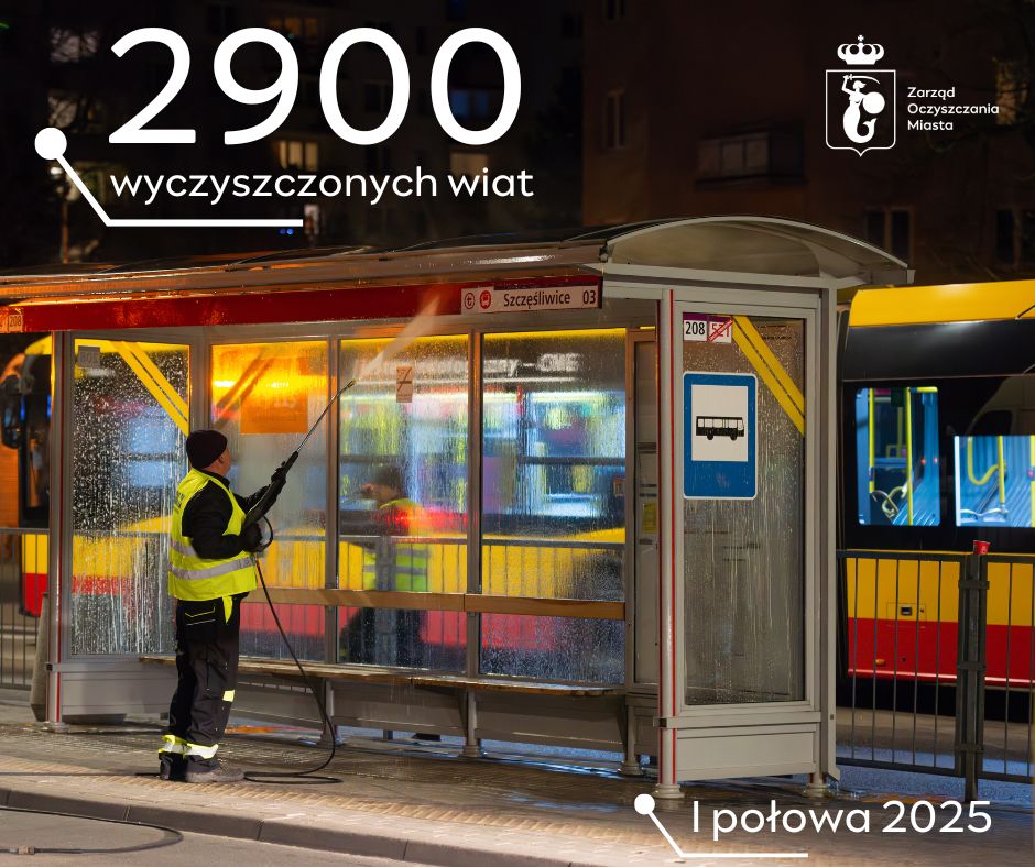 Pracownik firmy porzadkowej i kamizelce odblaskowej myje myjką ciśnieniową wiatę przystankową, w tle autobus. Napisy: Zarząd Oczyszczania miasta I połowa 2025 2900wyczyszczonych wiat