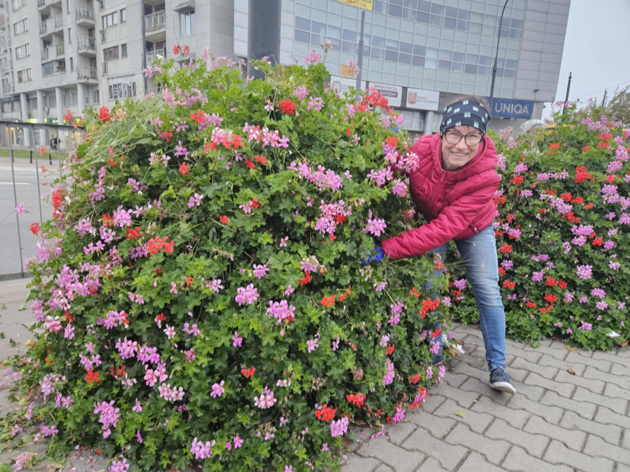 Kobieta uśmiecha się do obiektywu, schyla się żeby wziąć kwiaty z piętrowego kwietnika